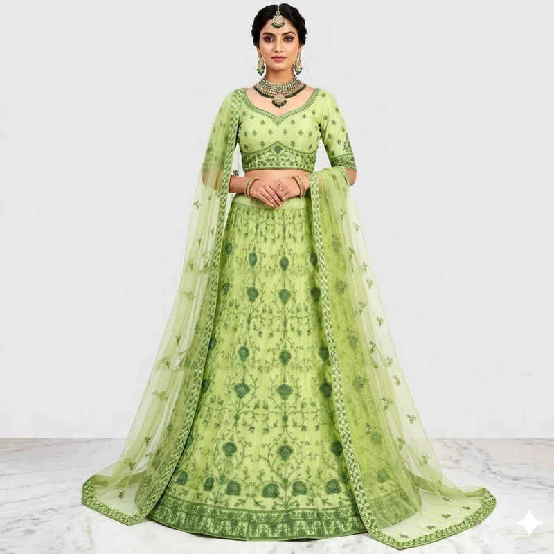 Bridal Style Green Net Lehenga with Sequin Detailing