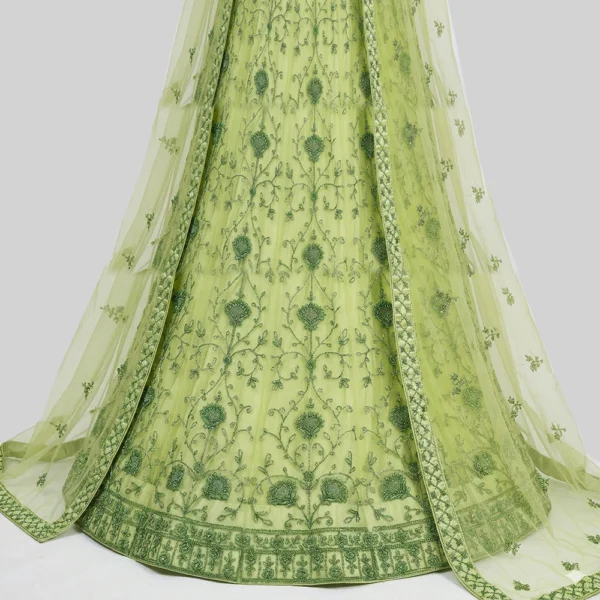 Bridal Style Green Net Lehenga with Sequin Detailing