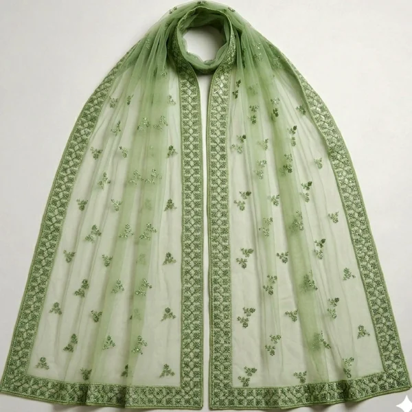 Bridal Style Green Net Lehenga with Sequin Detailing