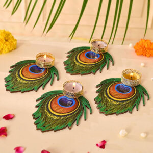 Decorative Peacock Tealight Candle Holder Stand Set of 4 Mor Pankh Design Reusable Diya for Diwali Decor Rangoli Decoration Items, Home Decor, Diyas Indoor Outdoor Office Gifting