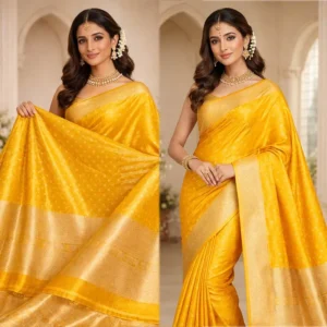 tissue banarasi silk saree yellow with gold zari border traditional indian saree