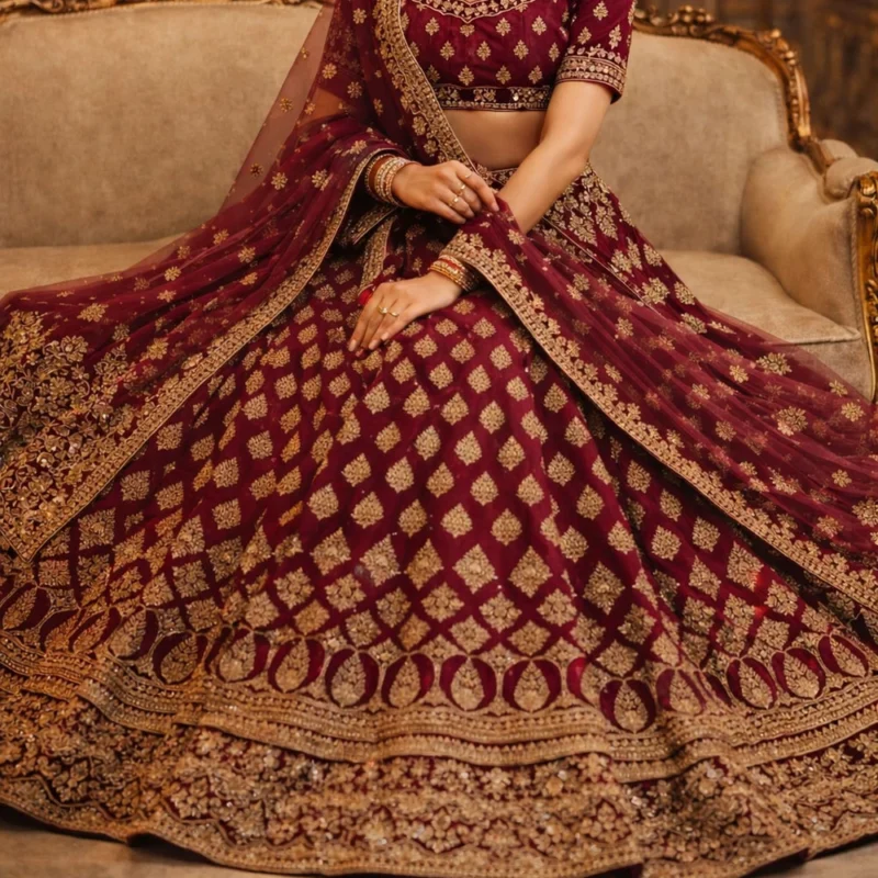 Maroon Floral & Sequin Lehenga Set for Women | Designer Wedding & Festive Wear