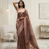 Close-up of Dusty Rose Banarasi Pure Silk Tissue Saree showing intricate floral silver-gold zari weaving on the border
