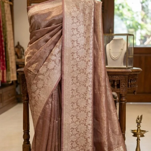 Close-up of Dusty Rose Banarasi Pure Silk Tissue Saree showing intricate floral silver-gold zari weaving on the border