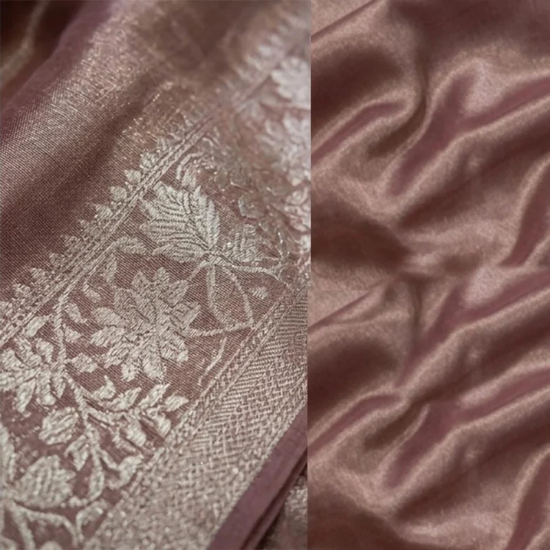 Close-up of Dusty Rose Banarasi Pure Silk Tissue Saree showing intricate floral silver-gold zari weaving on the border
