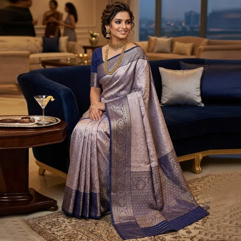 Detailed view of the embossed floral patterns and metallic gold zari weaving on a light blue tissue silk saree