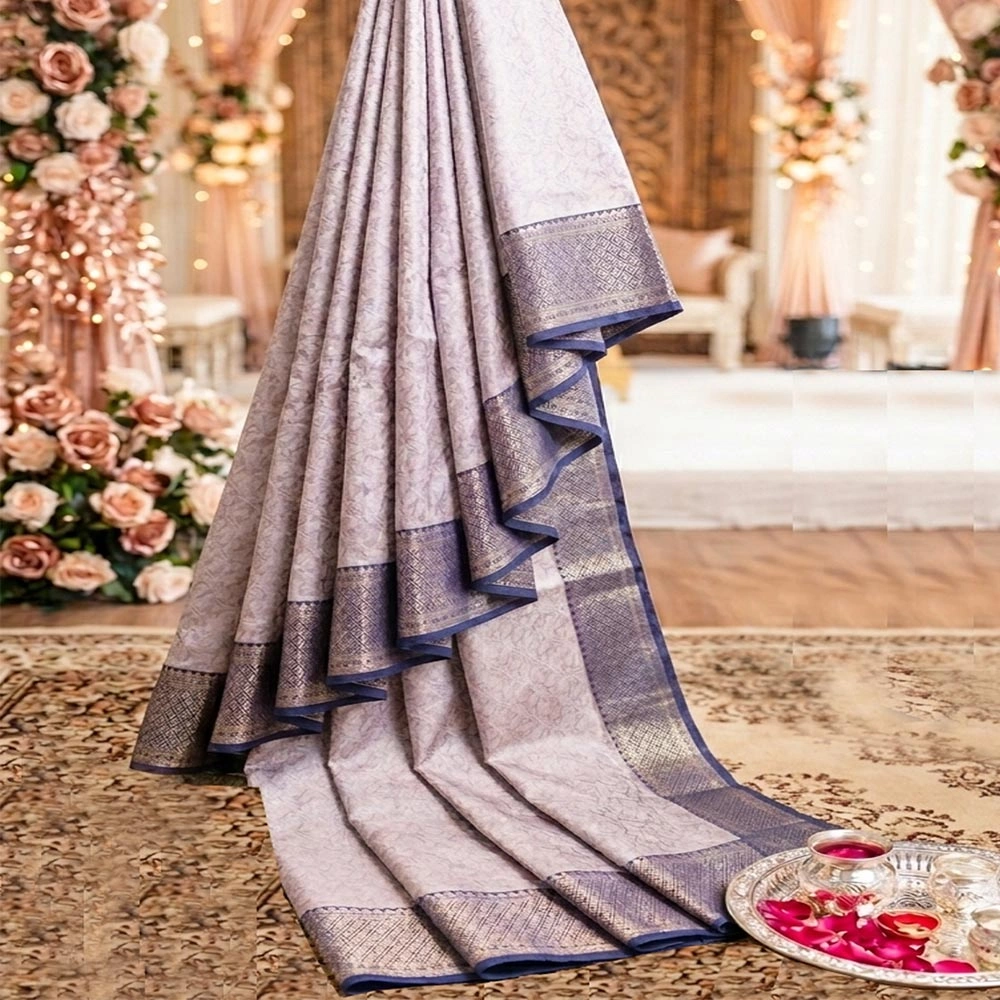 Detailed view of the embossed floral patterns and metallic gold zari weaving on a light blue tissue silk saree