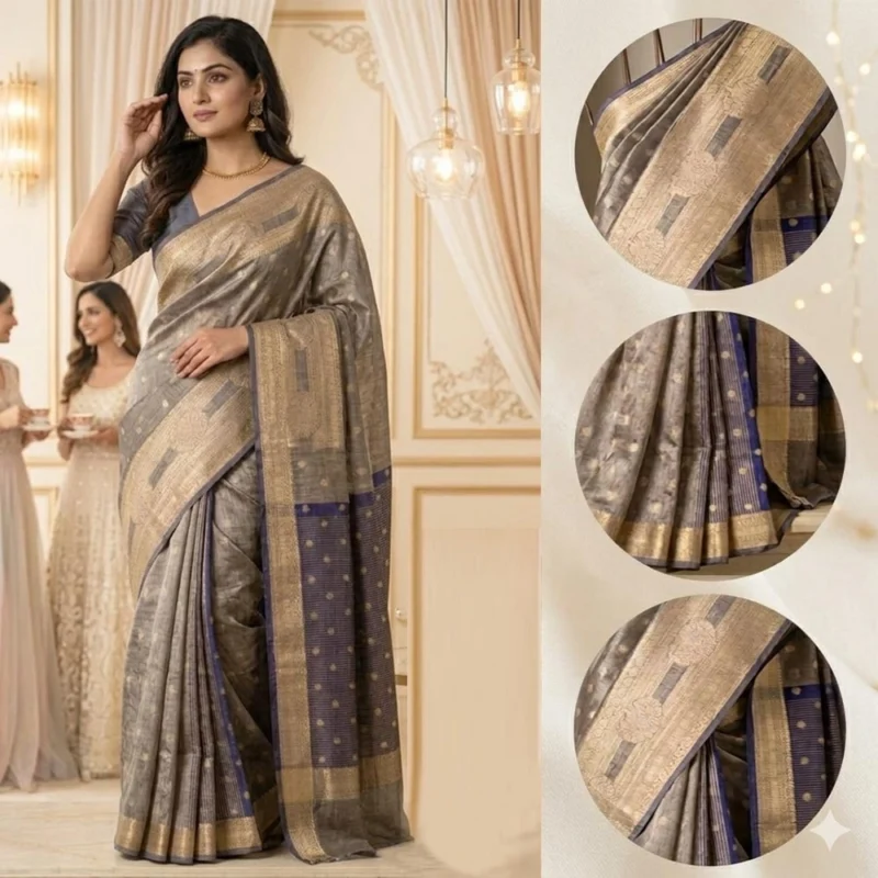 Styling inspiration for a blue Banarasi tissue saree featuring a modern party background.