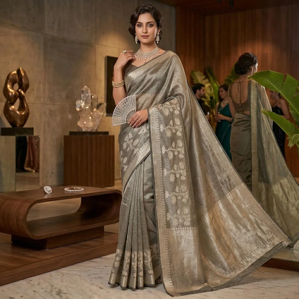 Model in a sitting pose wearing a Pistachio Green Banarasi silk tissue saree with a shimmering metallic finish and antique gold floral zari border