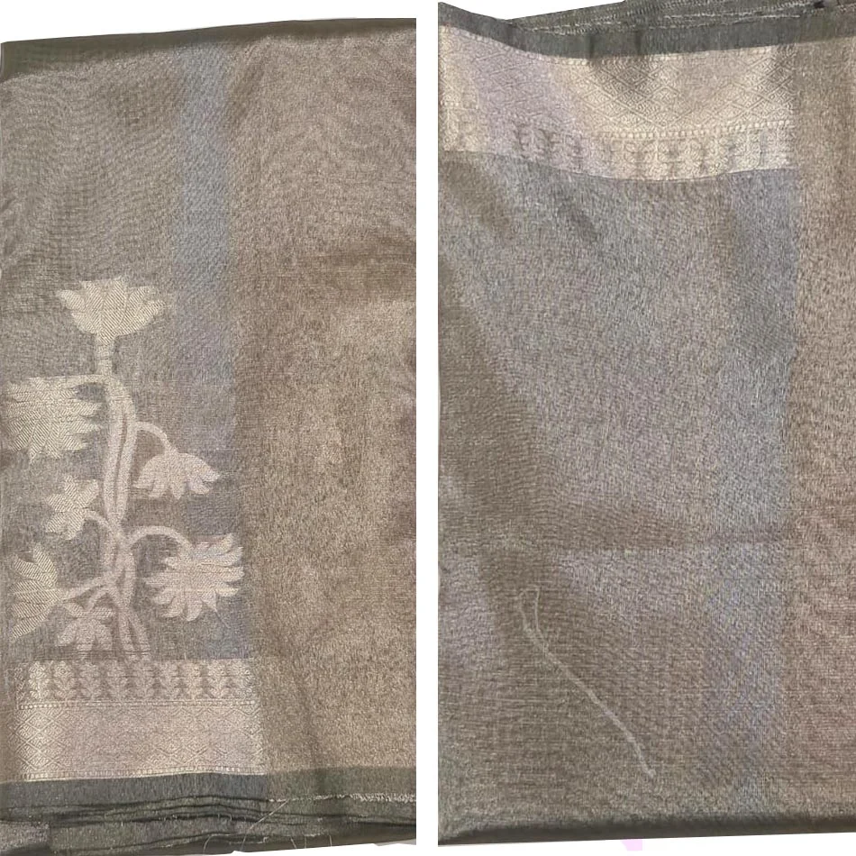 Model in a sitting pose wearing a Pistachio Green Banarasi silk tissue saree with a shimmering metallic finish and antique gold floral zari border