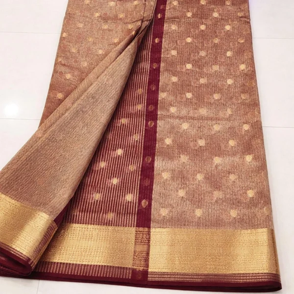 Rose Gold Banarasi Pure Silk Tissue Saree with Maroon and Gold Zari Border and Butti Work
