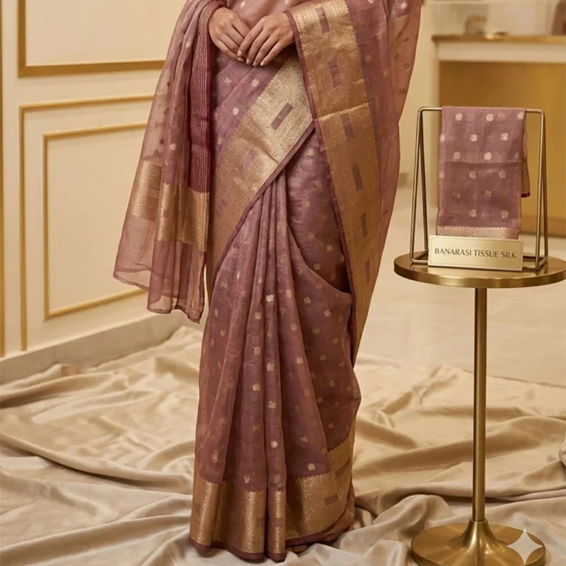 Rose Gold Banarasi Pure Silk Tissue Saree with Maroon and Gold Zari Border and Butti Work