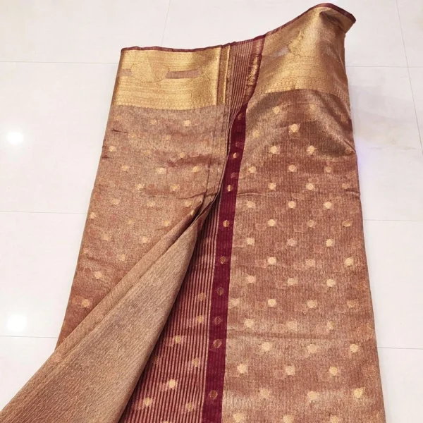Rose Gold Banarasi Pure Silk Tissue Saree with Maroon and Gold Zari Border and Butti Work