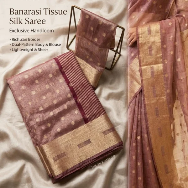 Rose Gold Banarasi Pure Silk Tissue Saree with Maroon and Gold Zari Border and Butti Work