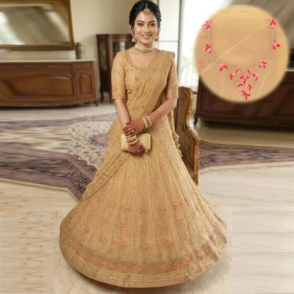 Elegant beige net embroidered lehenga choli with floral zari