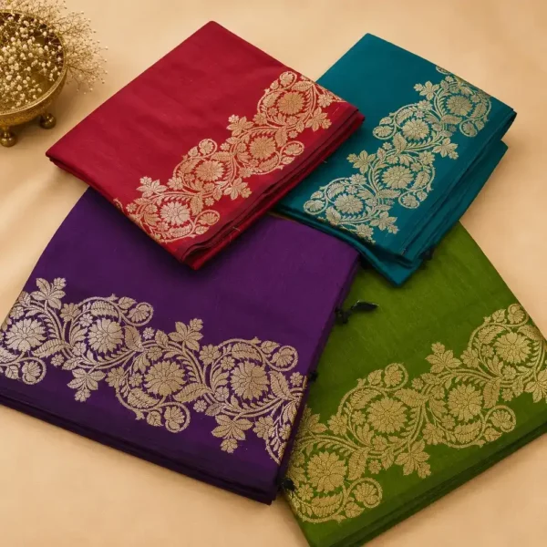 4 Colors Available Handloom Banarasi Silk Sarees with Gold Zari | Pushti24