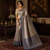 Luxury Banarasi Tissue Brocade Silk Saree in Metallic Gold with Royal Blue Border for Wedding, Party & Festive Wear