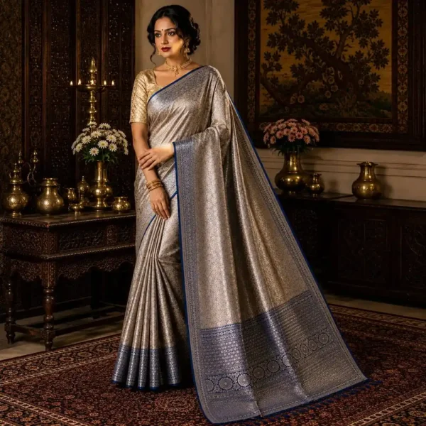 Luxury Banarasi Tissue Brocade Silk Saree in Metallic Gold with Royal Blue Border for Wedding, Party & Festive Wear