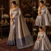 Luxury Banarasi Tissue Brocade Silk Saree in Metallic Gold with Royal Blue Border for Wedding, Party & Festive Wear
